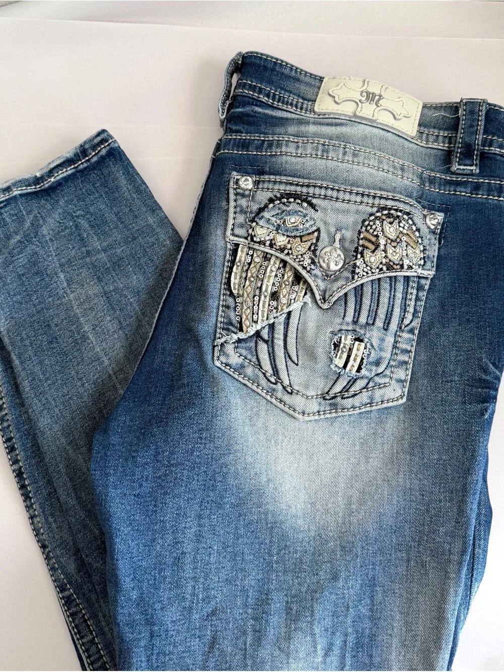 Womens Miss Me Jeans Size 34 Skinny Y2K Rhinestone Angel Wings Embellished Blue - Picture 3 of 10